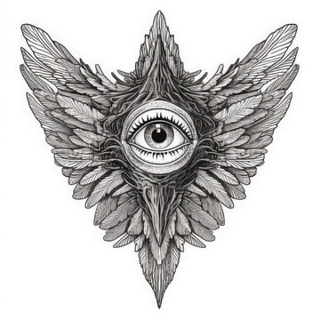 Eye with wings, Eye of providence, black and white linear tattoo design, 