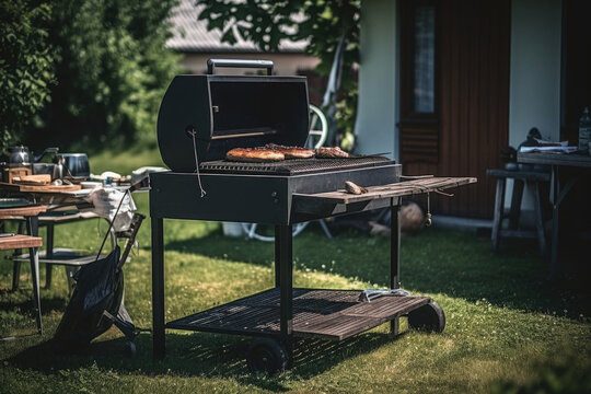 Barbecue grill on house backyard. Family outdoors party at weekend. Created with Generativeve AI