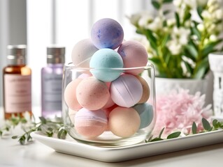 Decorative glass jar showcasing artisanal bath bombs on bathroom shelf