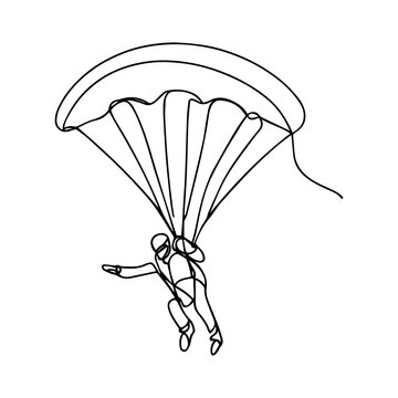 One line vector illustration. Skydiver in the sky. Minimalism. Paratrooper on a parachute.