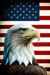 ai-generated, illustration of an eagle set against an American flag