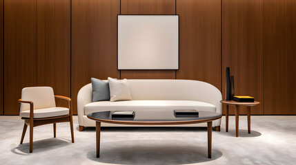 Interior wooden home design. Minimalistic living room decoration. AI generated.