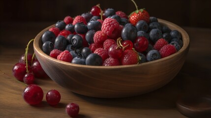 Fresh Berries in a Wooden Bowl