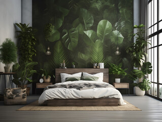Home bedroom decorated with green plants. AI generated.
