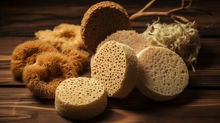 Natural Loofah Sponges On Wooden Surface For Skin Care - obrazy, fototapety, plakaty