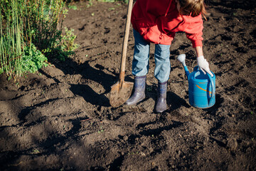 a man in jeans and rubber boots with a shovel drips the ground in the garden, close-up on his feet