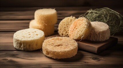 Obraz na płótnie Canvas Natural Loofah Sponges On Wooden Surface For Skin Care