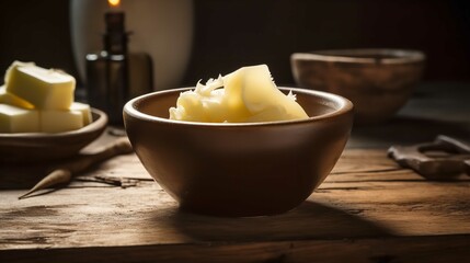 Organic Shea Butter In A Ceramic Bowl On Rustic Table