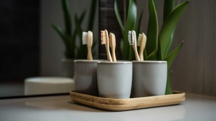 Set Of Natural Bamboo Toothbrushes In A Ceramic Cup