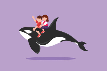 Character flat drawing adorable little boy and girl riding orca together. Bravery kids sitting on back whale killer in swimming pool. Whale killer or orca in water. Cartoon design vector illustration © onetime