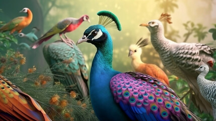 Fototapeta premium AI Generative photos of a mutilple of magical peacocks with enchanted colors in the enchanted forest
