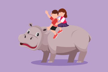 Character flat drawing of happy little boy and girl riding hippo together. Adorable children sitting on back hippopotamus in zoo. Kids learning to ride hippopotamus. Cartoon design vector illustration