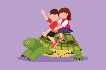 Graphic flat design drawing little boy and girl riding sea turtle together. Children sitting on back tortoise with fins diving in beach. Kids learning to ride turtle. Cartoon style vector illustration