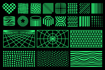 Geometric design elements. 90s, 80s retro shapes, mosaic patterns. Mesh, grid backgrounds and distortions. Green illustrations isolated on black background