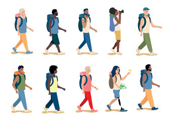 Fototapeta na wymiar Men and women of different nationalities go on a hike. A set of people travel and rest. Active lifestyle. Camping. Vector illustration in a simple style.