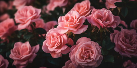Obraz premium Beautiful pink roses on black background, valentines day concept created with AI