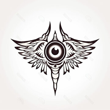 Eyeball with wings, black and white linear tattoo design,