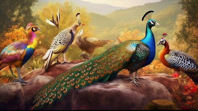 AI Generative photos of a mutilple of magical peacocks with enchanted colors in the enchanted forest