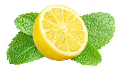 Delicious lemon half with mint leaves, cut out
