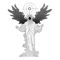 angel with wings, black and white linear tattoo design, 