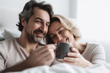 Happy middle-aged couple drinking coffee in bed in the morning and smiling. Photorealistic illustration generative AI.