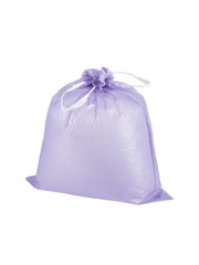 Classic simple lilac closed full, stuffed, inflated garbage bag with ties,isolated on a white background. Photo