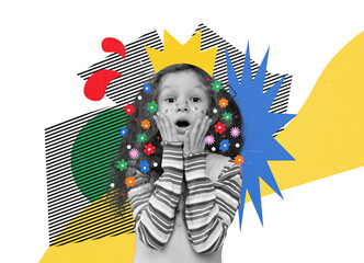 Little girl, child withdrawn crown over white background with colorful doodles. Playful kid. Emotions. Contemporary art collage. Concept of childhood, emotions, fun, dreams. Colorful creative design