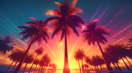Fototapeta premium Synthwave Palm Trees: A Retro-Futuristic Utopia of Vibrant Colors and Pure Bliss