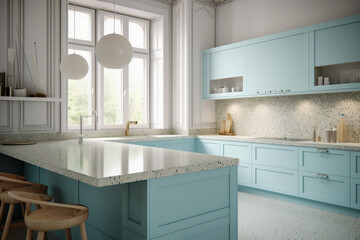Fototapeta premium Modern cozy kitchen, classic clean interior design with blue, white and beige colors. Super photo realistic background, generative ai illustration