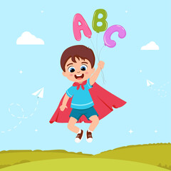 Happy, smiling boy outdoors with ABC balloons template