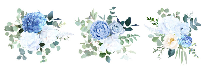 Dusty blue rose, white hydrangea, ranunculus, magnolia, anemone, hyacinth, greenery, eucalyptus