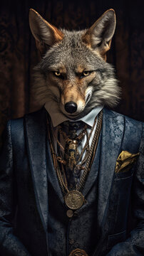 Wolf dressed in an elegant suit with a nice tie. Fashion portrait of an anthropomorphic animal, jackal, coyote, shooted in a charismatic human attitude - Generative AI