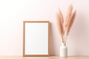 Vertical wooden picture frame mockup. Vase with dry grass bouquet. Rose soft wall background. Neutral color palette. Selective focus.