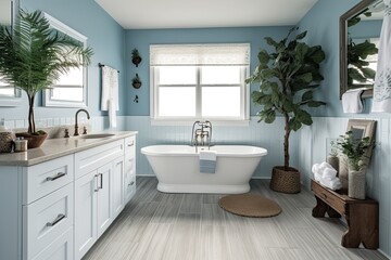 Fototapeta na wymiar Coastal-themed bathroom with nautical elements, blue and white color palette, and seashell accessories, evoking a beachy and serene atmosphere - Generative AI