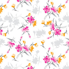 Colorful bunches of beautiful flowers and their silhouettes pattern