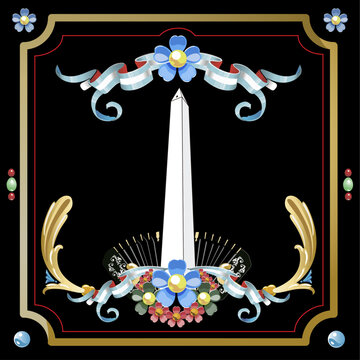 Obelisco de Buenos Aires fileteado porte&ntilde;o con todo tipo de ornamentos como guirnaldas flores de distintos colores y hojas de acanto