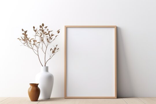 Empty vertical wooden picture frame mockup. Wooden desk, table. White vase with grass bouquet. Scandinavian interior design.