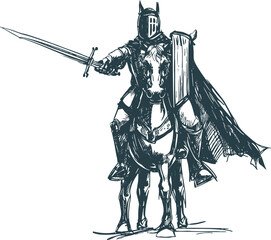 knight on horseback with sword outstretched forward vector illustration