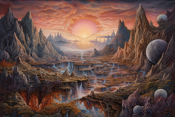 Fantasy landscape with moon concept art,