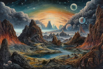 Fantasy landscape with moon concept art, 