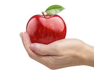 Hand holding delicious red apple, cut out