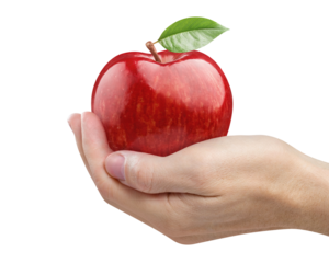 Hand holding delicious red apple, cut out