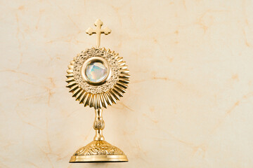Ostensory for worship for Catholic church ceremony. Corpus christi.