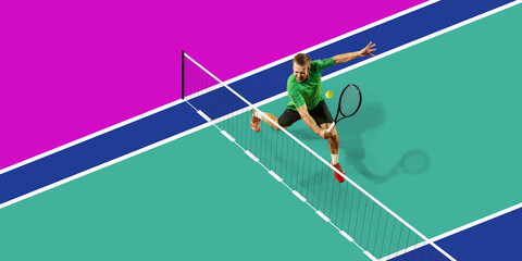 Collage. Top view image of man, professional male tennis player in motion, training, playing against multicolored court. Concept of sport, active lifestyle, competition, action and motion