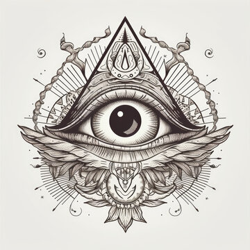Eyeball with wings, Eye of Providence, black and white linear tattoo design,