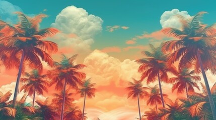 Fototapeta na wymiar A colorful retro-style summer template of palm trees and sky. (Generative AI)