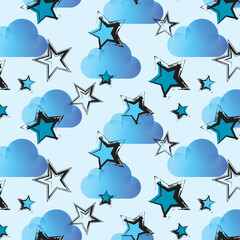 Blue Clouds and stars pattern sky drawing