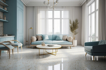 Fototapeta premium Modern cozy living room, classic clean interior design with blue, white and beige colors. Super photo realistic background, generative ai illustration
