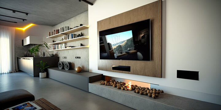 TV living room with cement wall LED strips wall-mounted - Generative AI