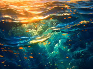 Naklejka na ściany i meble Ocean sunlight in the water, atmospheric environment, vibrant. Generative Ai Illustration. 